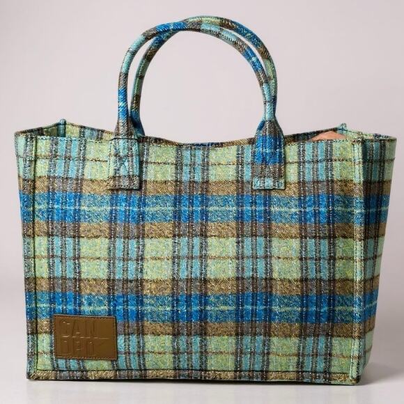 Sandro Paris Wool Tartan Plaid Large Tote Blue Green Snap Top Handle Bag NWT - Picture 1 of 13